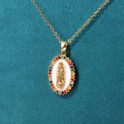 Miraculous Mary Medal Pendant Necklace with Multicoloured Gems