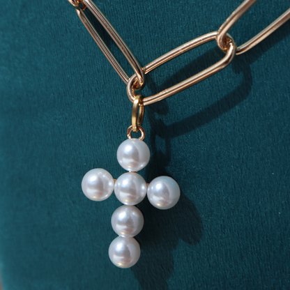 Gold Links Necklace with Pearl Cross Pendant