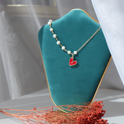 Pearl and Gold Chain Necklace with Delicate Red Heart Pendant