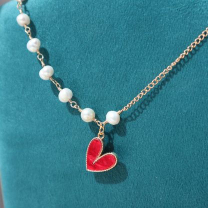 Pearl and Gold Chain Necklace with Delicate Red Heart Pendant