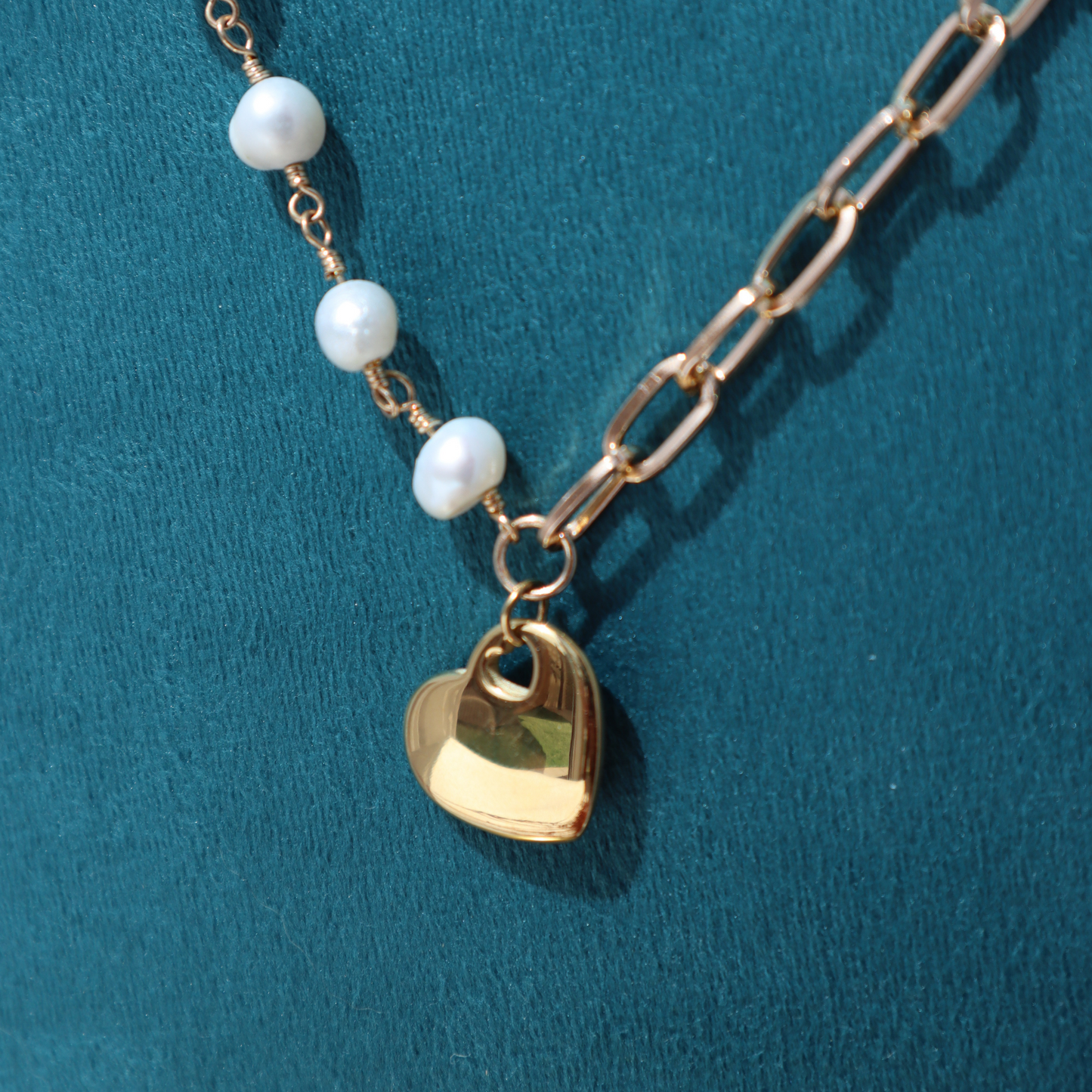 Pearl and Gold Chain Necklace with Gold Heart Necklace