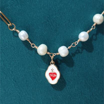 Gold Links and Pearl Necklace with Heart of Jesus Pendant